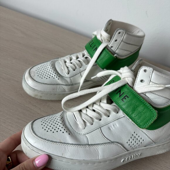 Celine CT-03 High Top Sneakers Sz 37 Optic White & Green Calfskin Leather - Picture 12 of 14